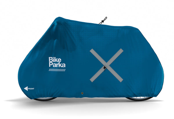 BikeParka Urban waterproof bike cover fitted to standard city bike outdoors